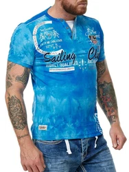 L.gonline Herren T-Shirt mit Knopfleiste Blau/Hellblau