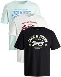 Jack & Jones Print-Shirt (Spar Set, 3er-Pack) Hellblau/Mischfarben/Schwarz/Dunkelblau/Blau