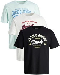 Jack & Jones Print-Shirt (Spar Set, 3er-Pack) Hellblau/Mischfarben/Schwarz/Dunkelblau/Blau