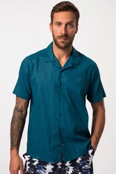 JP1880 Kurzarmhemd Leinenmix Kubakragen Blau/Türkis