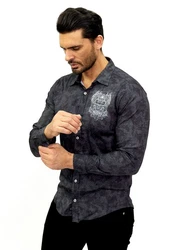 TRUENO Langarmhemd Totenkopf Motiven Hemd Schwarz/Hellblau