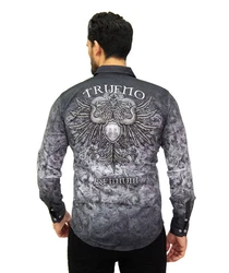TRUENO Langarmhemd Totenkopf Motiven Hemd Schwarz/Dunkelgrau