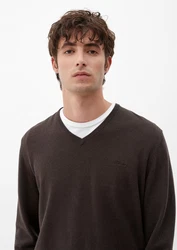 s.Oliver Strickpullover mit V-Ausschnitt und Logo Dunkelbraun/Khaki/Dunkelgrün/Braun/Grau