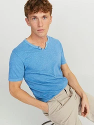 Jack & Jones T-Shirt JJESPLIT NECK TEE SS NOOS (1-tlg) himmelblau