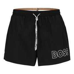Badeshorts Mooneye mit plakativem Markenschriftzug auf dem linken Bein