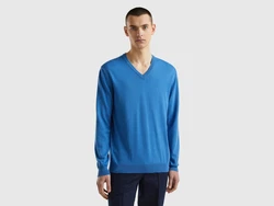 United Colors of Benetton V-Ausschnitt-Pullover Blau/Hellblau