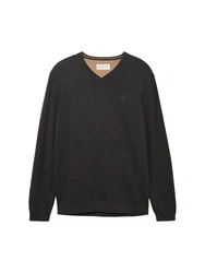 TOM TAILOR Strickpullover mit V-Ausschnitt Schwarz/Grau Melange