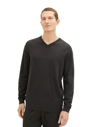 TOM TAILOR Strickpullover mit V-Ausschnitt Schwarz/Grau Melange