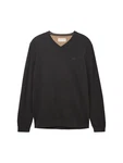 TOM TAILOR Strickpullover mit V-Ausschnitt Schwarz/Grau Melange