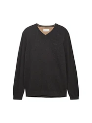 TOM TAILOR Strickpullover mit V-Ausschnitt Schwarz/Grau Melange