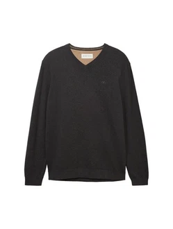 TOM TAILOR Strickpullover mit V-Ausschnitt Schwarz/Grau Melange