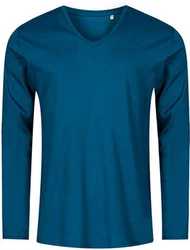Promodoro Langarmshirt Herren V-Neck T-Shirt Longsleeve Türkis/Dunkelblau/Blau