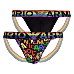 String 2-Pack Jockstrap (2-St., 1x schwarz mit buntem Bund, 1x bunt mit Buchstaben-All-Overprint) mit Markenschriftzug am Bund