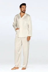 DKaren Schlafanzug Herren Satin Pyjama Set Langarm Lukas Creme/Khaki/Weiß/Grau/Braun