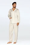 DKaren Schlafanzug Herren Satin Pyjama Set Langarm Lukas Creme/Khaki/Weiß/Grau/Braun