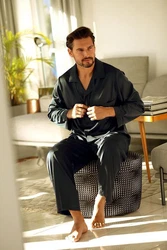 DKaren Schlafanzug Herren Satin Pyjama Set Langarm Lukas Schwarz/Braun