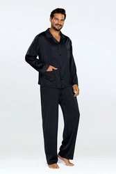 DKaren Schlafanzug Herren Satin Pyjama Set Langarm Lukas Schwarz/Braun
