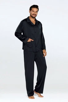 DKaren Schlafanzug Herren Satin Pyjama Set Langarm Lukas Schwarz/Braun