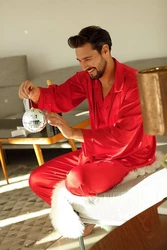DKaren Schlafanzug Herren Satin Pyjama Set Langarm Lukas Rot