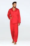 DKaren Schlafanzug Herren Satin Pyjama Set Langarm Lukas Rot