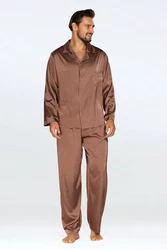 DKaren Schlafanzug Herren Satin Pyjama Set Langarm Lukas Dunkelbraun/Grau/Lila/Beige/Braun