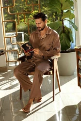 DKaren Schlafanzug Herren Satin Pyjama Set Langarm Lukas Dunkelbraun/Grau/Lila/Beige/Braun