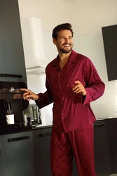 DKaren Schlafanzug Herren Satin Pyjama Set Langarm Lukas Dunkelrot/Rot