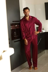 DKaren Schlafanzug Herren Satin Pyjama Set Langarm Lukas Dunkelrot/Rot