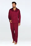DKaren Schlafanzug Herren Satin Pyjama Set Langarm Lukas Dunkelrot/Rot
