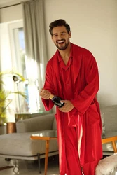 DKaren Schlafanzug Herren Satin Pyjama Set Langarm Lukas Rot