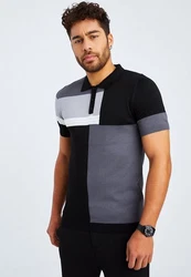 Leif Nelson T-Shirt Polo LN-7590 Schwarz/Grau/Dunkelgrau