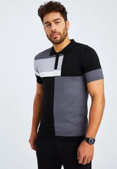 Leif Nelson T-Shirt Polo LN-7590 Schwarz/Grau/Dunkelgrau