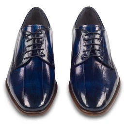 Extravaganter Herren Halbschuh, Aal-Leder blau, schmal Schnrschuh Handgefertigt in Italien