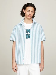 Tommy Jeans Kurzarmhemd TJM STRIPE LINEN SS SHIRT EXT Blau/Hellblau/Türkis
