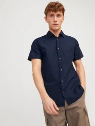Jack & Jones Kurzarmhemd JJESUMMER LINEN BLEND SHIRT Dunkelblau/Blau/Hellblau