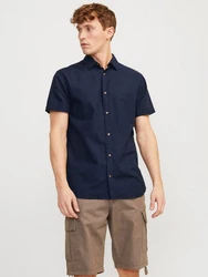 Jack & Jones Kurzarmhemd JJESUMMER LINEN BLEND SHIRT Dunkelblau/Blau/Hellblau
