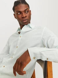 JACK & JONES Hemd JJESummer LINEN BLEND SHIRT LS SN Hellgrün/Grün/Weiß