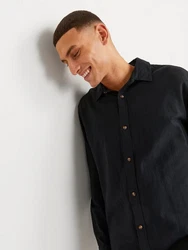 JACK & JONES Hemd JJESummer LINEN BLEND SHIRT LS SN Schwarz