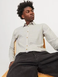 JACK & JONES Hemd JJESummer LINEN BLEND SHIRT LS SN Weiß/Khaki