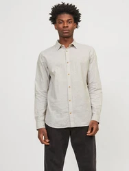 JACK & JONES Hemd JJESummer LINEN BLEND SHIRT LS SN Weiß/Khaki