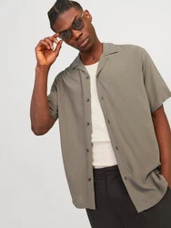 Jack & Jones Kurzarmhemd JJEJEFF SOLID RESORT SHIRT Khaki/Dunkelgrün/Beige