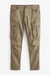 Next Cargohose Slim Fit Stretch-Cargohose mit Zierreißverschluss Khaki/Dunkelgrün