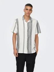 ONLY & SONS Kurzarmhemd ONSCAIDEN SS STRIPE LINEN RESORT NOOS Grau/Weiß/Beige/Creme