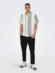 ONLY & SONS Kurzarmhemd ONSCAIDEN SS STRIPE LINEN RESORT NOOS Grau/Weiß/Beige/Creme