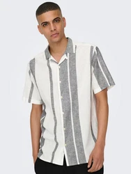 ONLY & SONS Kurzarmhemd ONSCAIDEN SS STRIPE LINEN RESORT NOOS Grau/Weiß/Beige/Creme