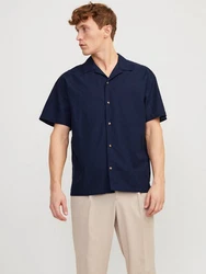 Jack & Jones Kurzarmhemd JJE Summer Resort Linen Blend Shirt Blau/Dunkelblau