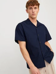 Jack & Jones Kurzarmhemd JJE Summer Resort Linen Blend Shirt Blau/Dunkelblau