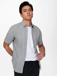 ONLY & SONS Kurzarmhemd ONSCAIDEN SS SOLID LINEN SHIRT Grau/Hellgrau/Dunkelgrau