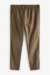 Next Slim Fit Hose mit Kordelzug aus Leinenmischung Khaki