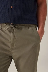 Next Slim Fit Hose mit Kordelzug aus Leinenmischung Khaki/Dunkelgrün